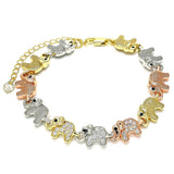 Oro Laminado Fancy Bracelet, Gold Filled Style Elephant Design, with White and Black Micro Pave, Polished, Tricolor