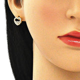 Oro Laminado Stud Earring, Gold Filled Style Heart Design, with White Micro Pave, Polished, Golden Finish