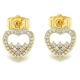 Oro Laminado Stud Earring, Gold Filled Style Heart Design, with White Micro Pave, Polished, Golden Finish