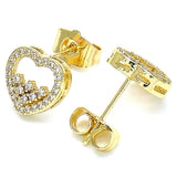 Oro Laminado Stud Earring, Gold Filled Style Heart Design, with White Micro Pave, Polished, Golden Finish