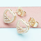Oro Laminado Stud Earring, Gold Filled Style Heart Design, with White Micro Pave, Polished, Golden Finish