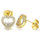 Oro Laminado Stud Earring, Gold Filled Style Heart Design, with White Micro Pave, Polished, Golden Finish