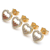 Oro Laminado Stud Earring, Gold Filled Style Heart Design, with White Micro Pave, Polished, Golden Finish