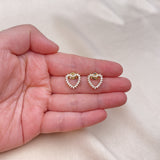 Oro Laminado Stud Earring, Gold Filled Style Heart Design, with White Cubic Zirconia, Polished, Golden Finish