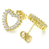 Oro Laminado Stud Earring, Gold Filled Style Heart Design, with White Cubic Zirconia, Polished, Golden Finish