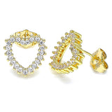 Oro Laminado Stud Earring, Gold Filled Style Heart Design, with White Cubic Zirconia, Polished, Golden Finish