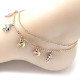 Oro Laminado Charm Anklet , Gold Filled Style Dolphin Design, Polished, Tricolor