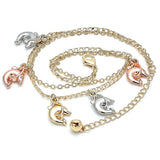 Oro Laminado Charm Anklet , Gold Filled Style Dolphin Design, Polished, Tricolor