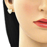 Oro Laminado Stud Earring, Gold Filled Style Heart Design, with White Micro Pave, Polished, Golden Finish