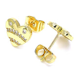 Oro Laminado Stud Earring, Gold Filled Style Heart Design, with White Micro Pave, Polished, Golden Finish