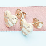 Oro Laminado Stud Earring, Gold Filled Style Heart Design, with White Micro Pave, Polished, Golden Finish