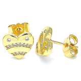 Oro Laminado Stud Earring, Gold Filled Style Heart Design, with White Micro Pave, Polished, Golden Finish