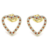 Oro Laminado Stud Earring, Gold Filled Style Heart Design, with Garnet and White Micro Pave, Polished, Golden Finish