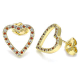 Oro Laminado Stud Earring, Gold Filled Style Heart Design, with Garnet and White Micro Pave, Polished, Golden Finish
