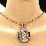 Oro Laminado Religious Pendant, Gold Filled Style Guadalupe and Greek Key Design, with Garnet and Green Crystal, Polished, Tricolor