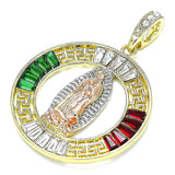 Oro Laminado Religious Pendant, Gold Filled Style Guadalupe and Greek Key Design, with Garnet and Green Crystal, Polished, Tricolor