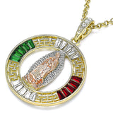 Oro Laminado Religious Pendant, Gold Filled Style Guadalupe and Greek Key Design, with Garnet and Green Crystal, Polished, Tricolor