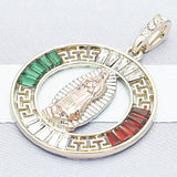 Oro Laminado Religious Pendant, Gold Filled Style Guadalupe and Greek Key Design, with Garnet and Green Crystal, Polished, Tricolor