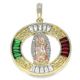 Oro Laminado Religious Pendant, Gold Filled Style Guadalupe and Greek Key Design, with Garnet and Green Crystal, Polished, Tricolor
