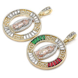 Oro Laminado Religious Pendant, Gold Filled Style Guadalupe and Greek Key Design, with Garnet and Green Crystal, Polished, Tricolor