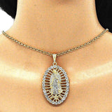 Oro Laminado Religious Pendant, Gold Filled Style Guadalupe Design, with White Crystal, Polished, Golden Finish