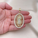 Oro Laminado Religious Pendant, Gold Filled Style Guadalupe Design, with White Crystal, Polished, Golden Finish