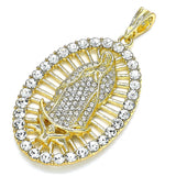 Oro Laminado Religious Pendant, Gold Filled Style Guadalupe Design, with White Crystal, Polished, Golden Finish