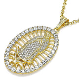 Oro Laminado Religious Pendant, Gold Filled Style Guadalupe Design, with White Crystal, Polished, Golden Finish
