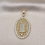 Oro Laminado Religious Pendant, Gold Filled Style Guadalupe Design, with White Crystal, Polished, Golden Finish