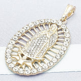 Oro Laminado Religious Pendant, Gold Filled Style Guadalupe Design, with White Crystal, Polished, Golden Finish