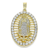 Oro Laminado Religious Pendant, Gold Filled Style Guadalupe Design, with White Crystal, Polished, Golden Finish