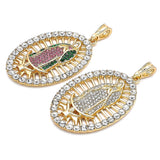 Oro Laminado Religious Pendant, Gold Filled Style Guadalupe Design, with White Crystal, Polished, Golden Finish