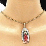 Oro Laminado Religious Pendant, Gold Filled Style Guadalupe Design, with Multicolor Crystal, Polished, Tricolor