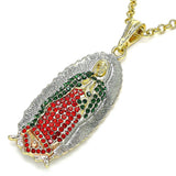 Oro Laminado Religious Pendant, Gold Filled Style Guadalupe Design, with Multicolor Crystal, Polished, Tricolor