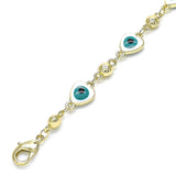 Oro Laminado Fancy Bracelet, Gold Filled Style Evil Eye and Heart Design, White Enamel Finish, Golden Finish