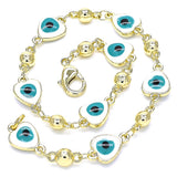 Oro Laminado Fancy Bracelet, Gold Filled Style Evil Eye and Heart Design, White Enamel Finish, Golden Finish