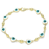 Oro Laminado Fancy Bracelet, Gold Filled Style Evil Eye and Heart Design, White Enamel Finish, Golden Finish