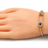 Oro Laminado Adjustable Bolo Bracelet, Gold Filled Style Evil Eye and Paperclip Design, with White Micro Pave, Polished, Golden Finish