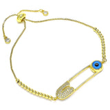 Oro Laminado Adjustable Bolo Bracelet, Gold Filled Style Evil Eye and Paperclip Design, with White Micro Pave, Polished, Golden Finish