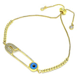 Oro Laminado Adjustable Bolo Bracelet, Gold Filled Style Evil Eye and Paperclip Design, with White Micro Pave, Polished, Golden Finish