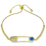 Oro Laminado Adjustable Bolo Bracelet, Gold Filled Style Evil Eye and Paperclip Design, with White Micro Pave, Polished, Golden Finish
