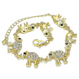 Oro Laminado Fancy Bracelet, Gold Filled Style Elephant Design, with White and Black Crystal, Polished, Golden Finish
