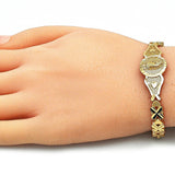 Oro Laminado Fancy Bracelet, Gold Filled Style Guadalupe and Heart Design, Diamond Cutting Finish, Golden Finish