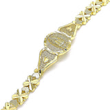 Oro Laminado Fancy Bracelet, Gold Filled Style Guadalupe and Heart Design, Diamond Cutting Finish, Golden Finish