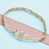 Oro Laminado Fancy Bracelet, Gold Filled Style Guadalupe and Heart Design, Diamond Cutting Finish, Golden Finish