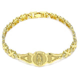 Oro Laminado Fancy Bracelet, Gold Filled Style Guadalupe and Heart Design, Diamond Cutting Finish, Golden Finish