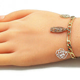 Oro Laminado Charm Bracelet, Gold Filled Style Guadalupe and Flower Design, Polished, Tricolor