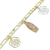 Oro Laminado Charm Bracelet, Gold Filled Style Guadalupe and Flower Design, Polished, Tricolor
