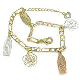 Oro Laminado Charm Bracelet, Gold Filled Style Guadalupe and Flower Design, Polished, Tricolor