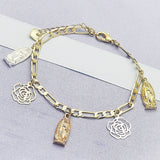 Oro Laminado Charm Bracelet, Gold Filled Style Guadalupe and Flower Design, Polished, Tricolor